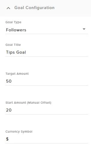 Goal Configuration settings for type, title, target, start value, and currency.