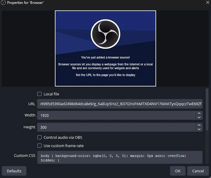 OBS Browser Source settings with the widget URL and dimensions.