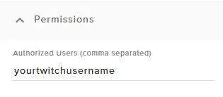 Permissions settings with an authorized Twitch username.