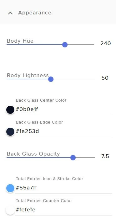 Body hue, body lightness, back glass colors and opacity, and entry counter appearance settings