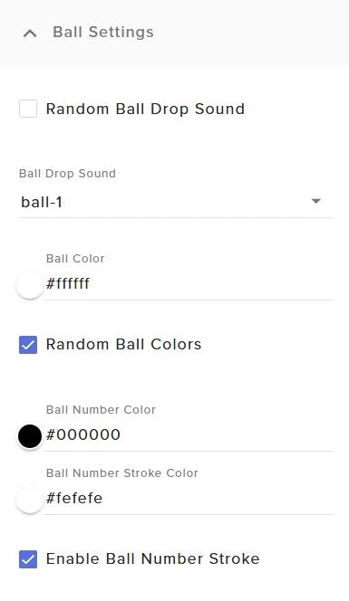Raffle ball sound, color, and number stroke controls