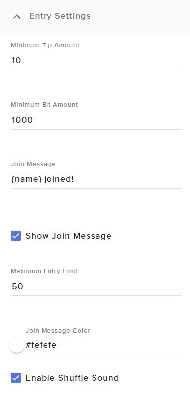 Entry settings for minimum tips, bits, join messages, and the maximum entry limit