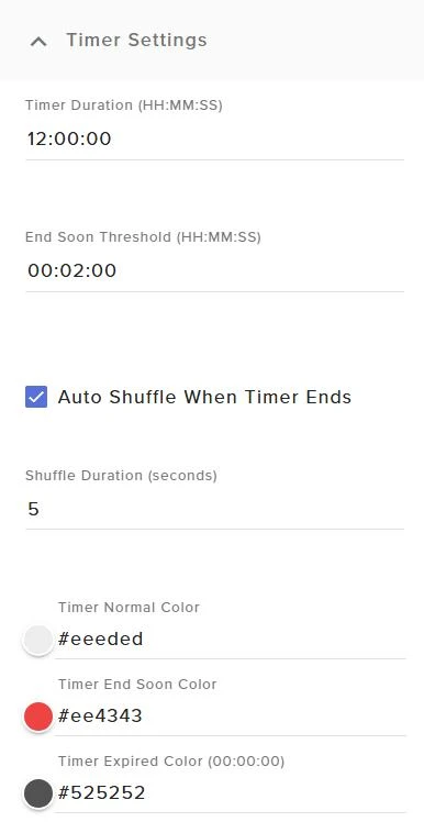 Timer duration, ending-soon threshold, automatic shuffle, shuffle duration, and timer color settings
