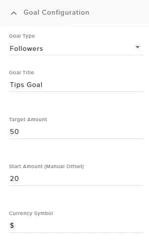 Goal Configuration settings for type, title, target, start value, and currency.