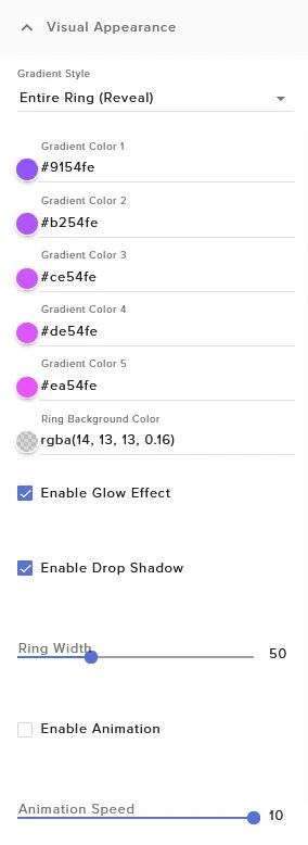 Circular goal gradient colors, glow, drop shadow, ring width, and animation controls
